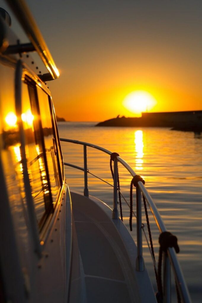 sunset, voyage, boat, ocean, dusk, scenery, journey, nature, travel, adventure, trip